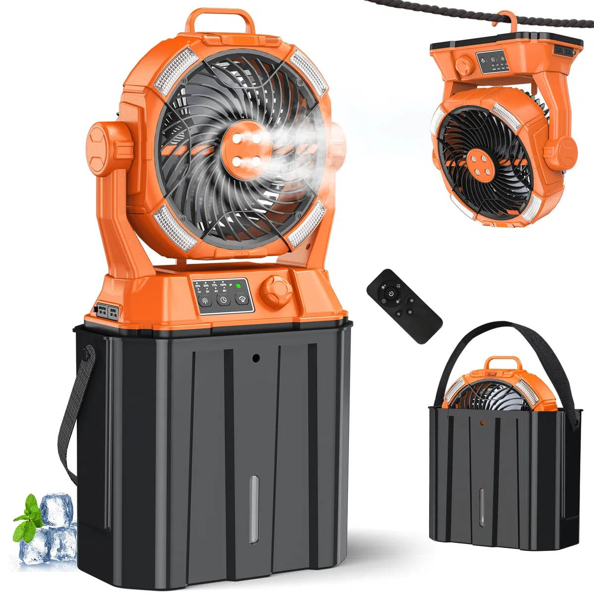 Nebelventilator mit tragbarem 6L Eimer für Außenterrassen, 20000mAh Wiederaufladbarer Nebelventilator für Camping mit LED-Licht, 4 Sprühnebel, Fernbedienung Cotroller