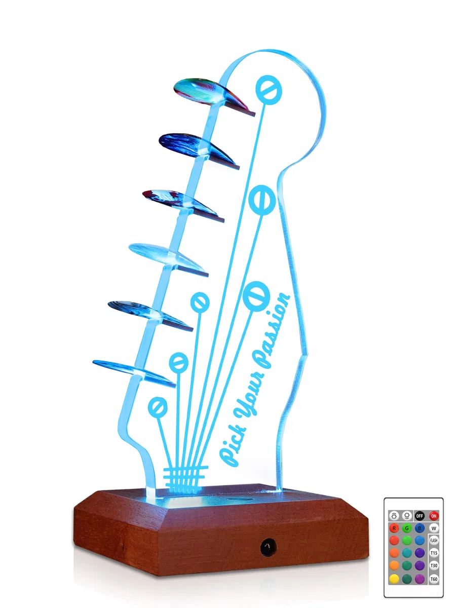 CoolGift Mart Leuchtender Gitarren-Pick-Halter,Acryl hölzerne E-Gitarre Headstock Shaped Pick Holder mit 16 Farbe Lichter für Picks Lagerung und Anzeige, Geschenk für Gitarristen