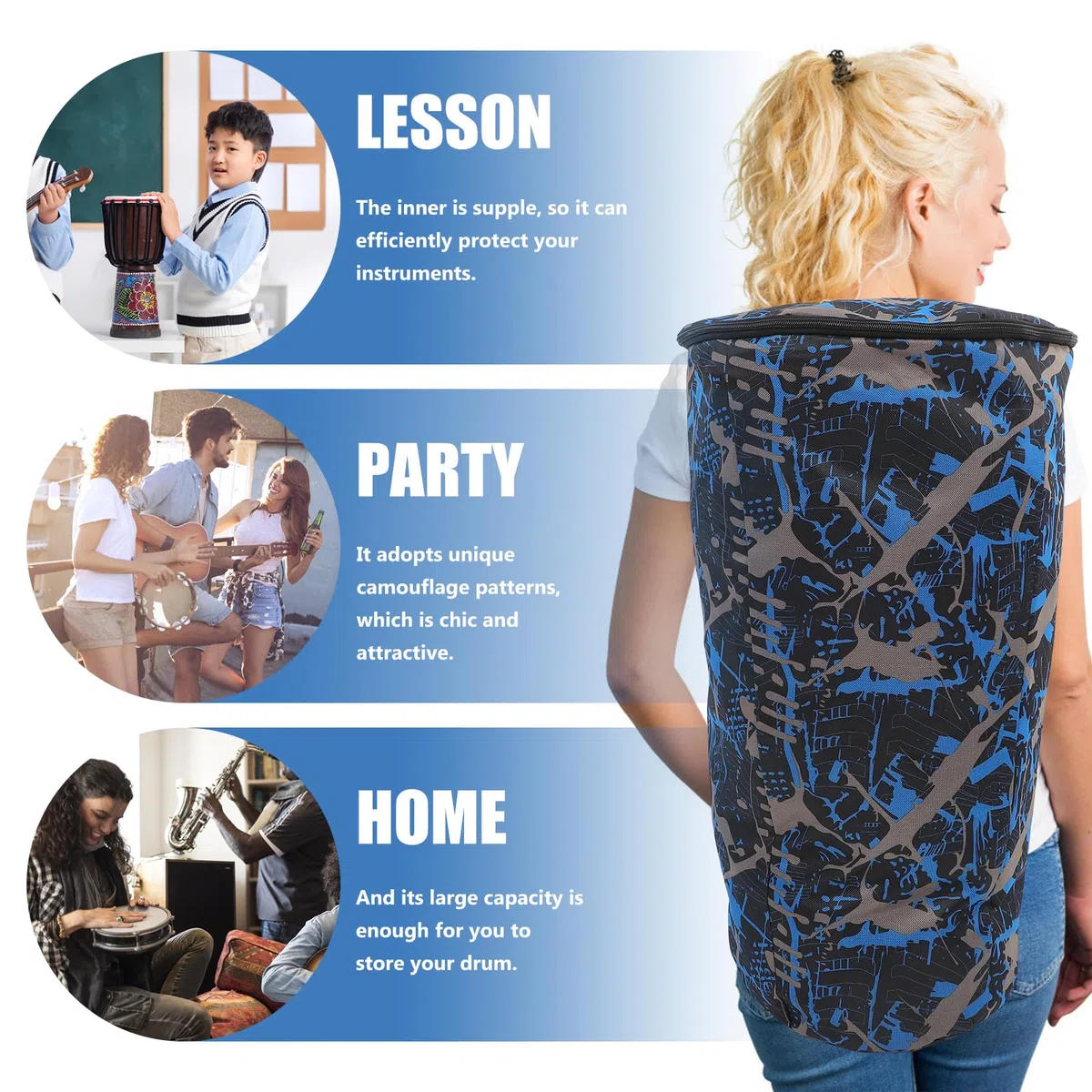Beavorty Djembe Tasche 12 Zoll Gepolsterte Afrikanische Trommeltasche Wasserdicht Oxford Gigbag mit Camouflage-Muster Rucksack-Funktion für 60cm Trommel Transport und Schutz