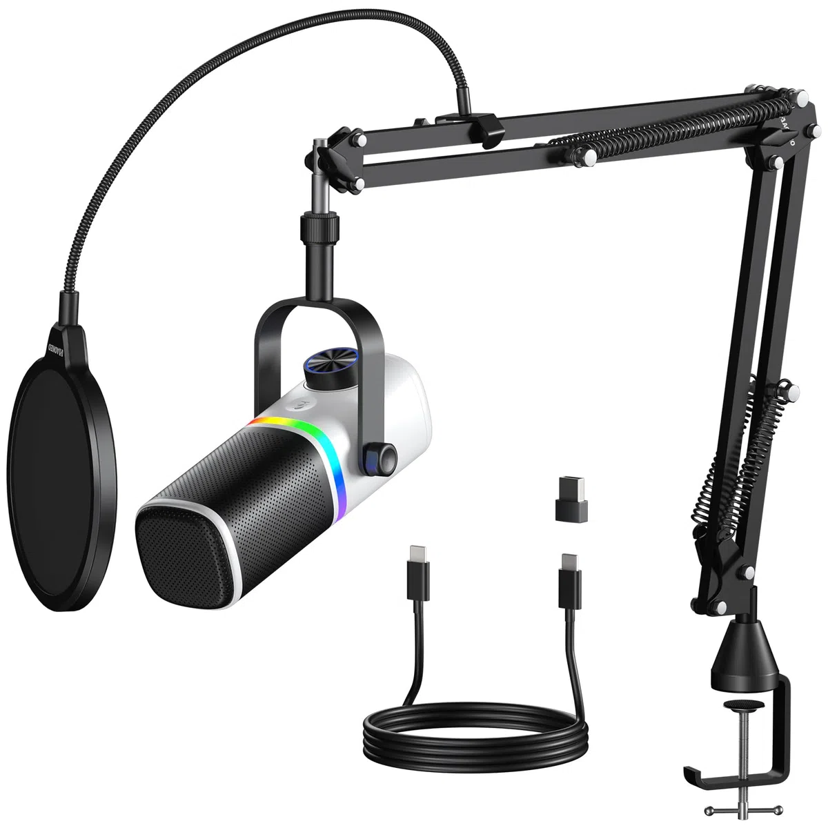 aokeo Mikrofon PC mit Mikrofonarm,AK-10 USB/XLR Dynamisches Gaming Mikrofon für Podcast,Streaming mit RGB-Beleuchtung,Lautstärkeregler,Stummschalttaste und Rauschunterdrückung (Weiß)