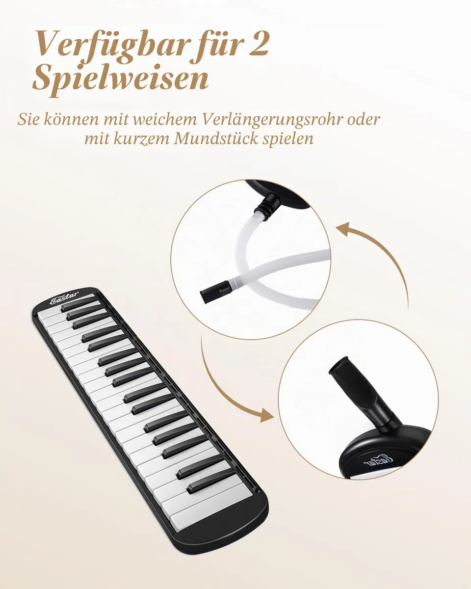 Eastar Melodica mit 37 Tasten, Blasinstrument mit Mundstück, Blas-Piano-Keyboard, inklusive Tragetasche, Schwarz