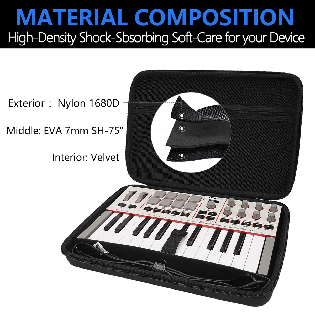 Musiin Hochwertige Midi-Keyboard-Controller-Schutzhülle aus Samt, kompatibel mit Arturia MiniLab 3,MiniLab mkII, MPK Mini MK4,Synthesizer mit 25 Tasten,tragbare Schutztasche mit Schultergurt (Schwarz)
