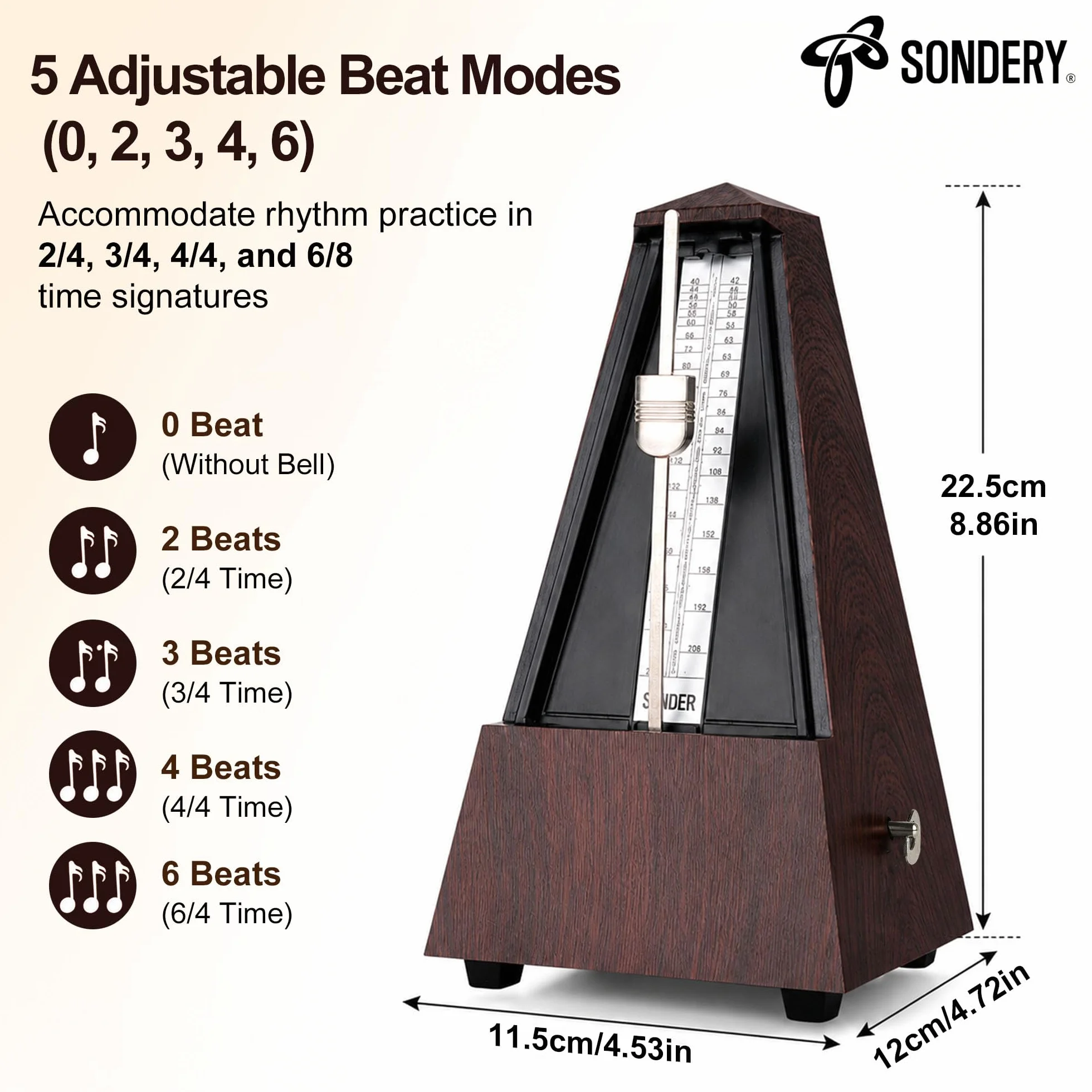 Sondery Klassisches mechanisches Metronom mit Glocke für Klavier, Gitarre, Trommel, Violine, Saxophon, alle Instrumente, Tempo Bereich 40–208 bpm, Beats 02346, schwarzes ABS-Gehäuse mit Holzmaserung