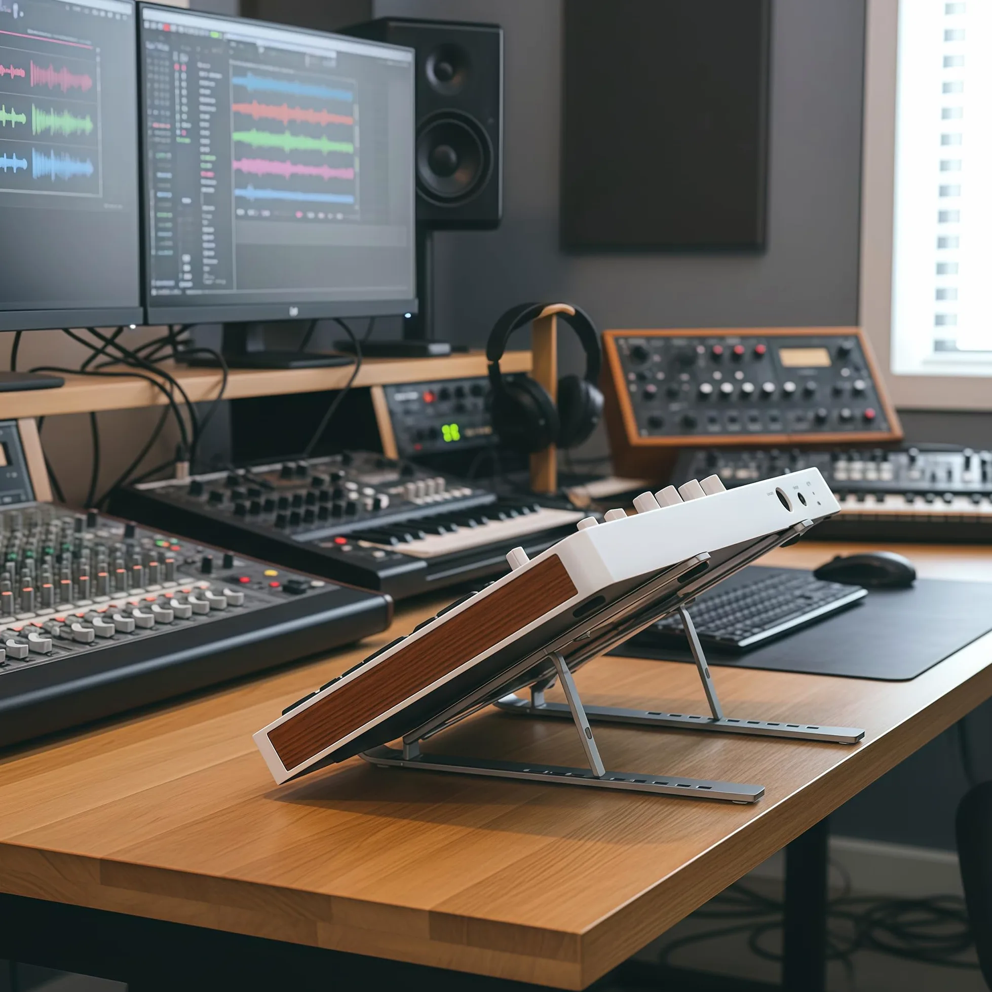 Musiin Einstellbarer Ständer für Drum-Controller-Audiogeräte,kompatibel mit Native Instruments Maschine Plus Mk3,Akai MPC Sample, Behringer X-Touch,verstellbarer Aluminium-Klappständer für Heimstudio