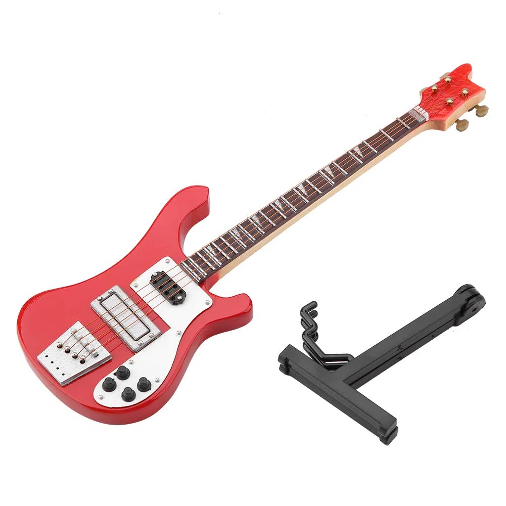 Rot E-Bass Modell Miniatur - Mini-Bass Sammlungsstück als dekorativer Musikinstrument-Ornament, für Musiker und Instrumentensammler