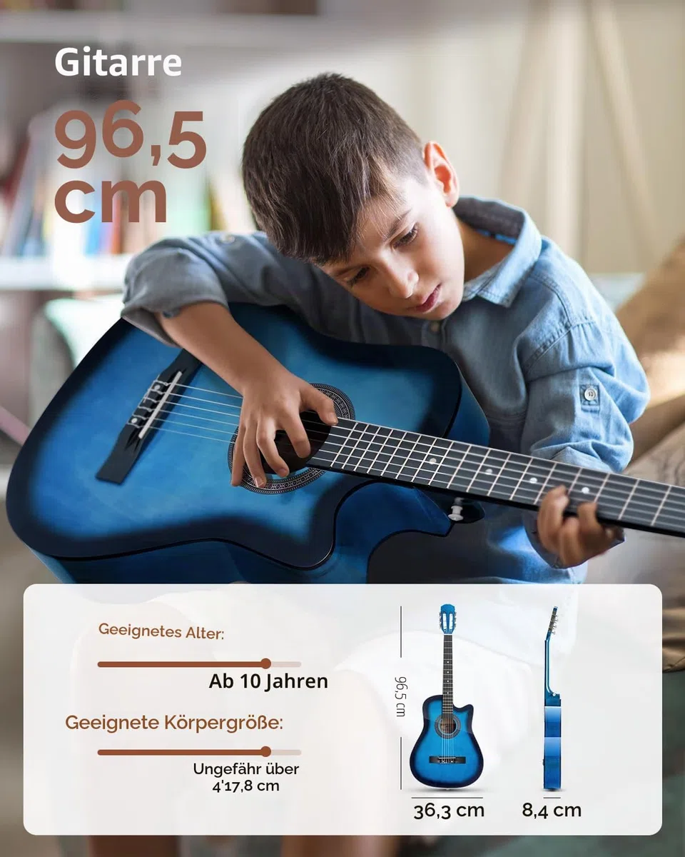 Moukey Akustikgitarre für Anfänger, Kinder, Jugendliche, Erwachsene, Cutaway-Gitarre, Acustica-Kit mit Akkord-Poster, Gigbag, Stimmgerät, Plektren, Nylonsaiten, Kapodaster, Gurt, Blau