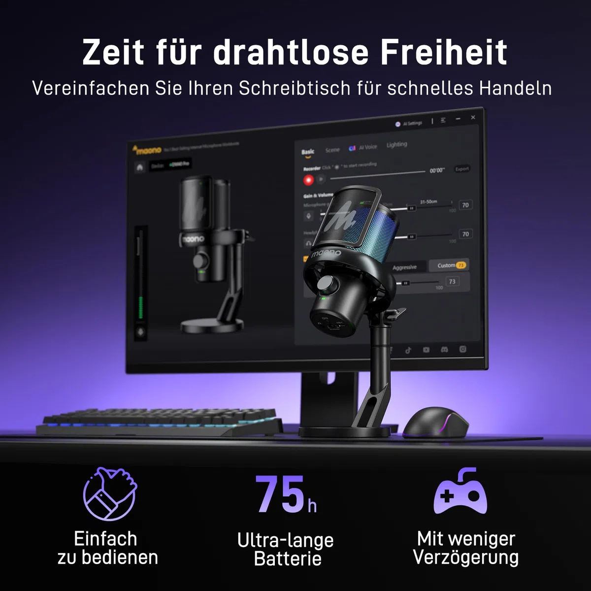 MAONO Mikrofon Kabellos für PC, Mikrofon PC mit Software-KI-Stimmänderung, 3-stufiger Rauschunterdrückung, Benutzerdefiniertem RGB-Licht, Stumm, für Gaming, Podcasting, Streaming, DM40 Pro Schwarz