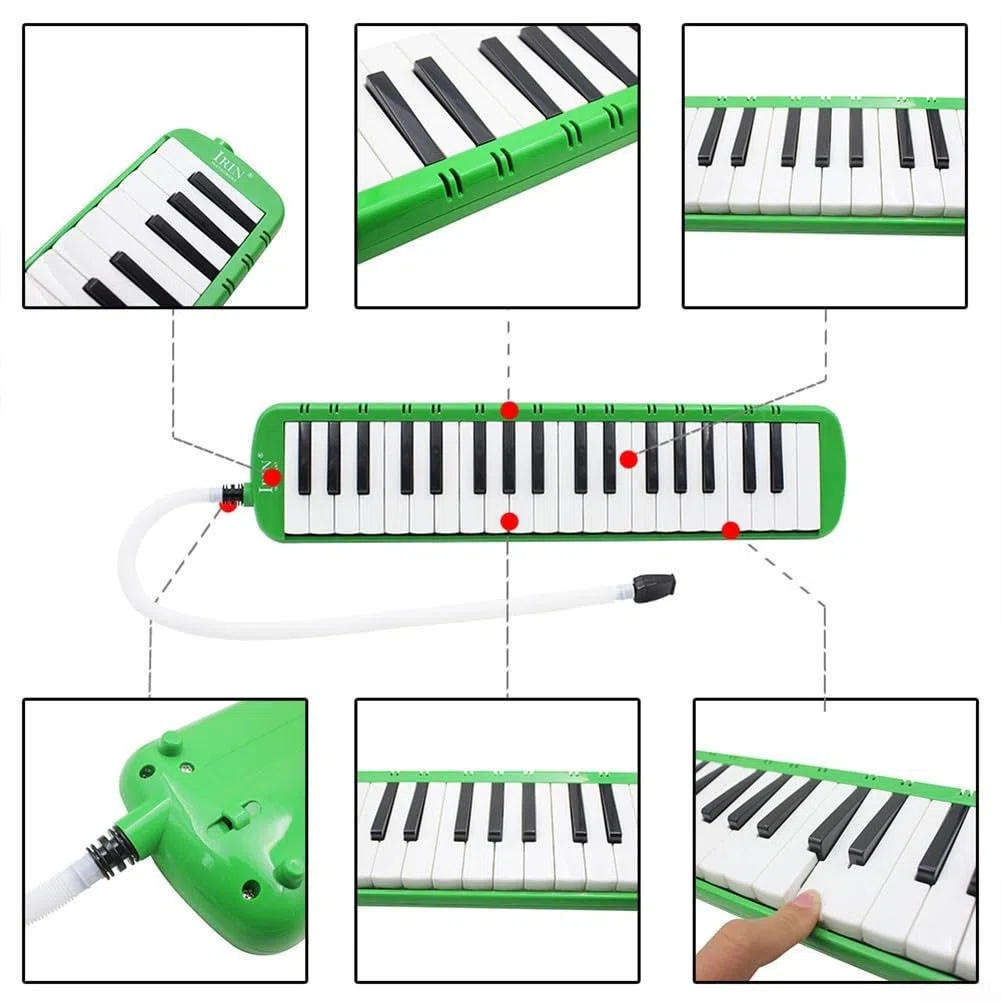 Student Melodica mit 37 Tasten und Tube-Tasche, inklusive kurzen und langen Mundstücken für verschiedene Spielstile (Grün)
