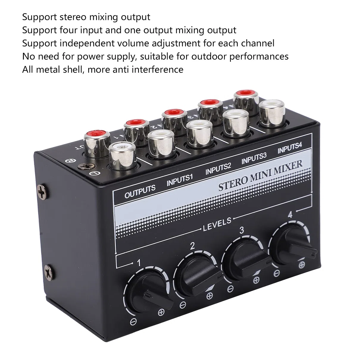 Stereo-Mini-Mixer Stereo-Mixing-Ausgang Ganzmetallgehäuse 4 Stereo-Cinch-Eingänge Audiosignal-Effektgeräte
