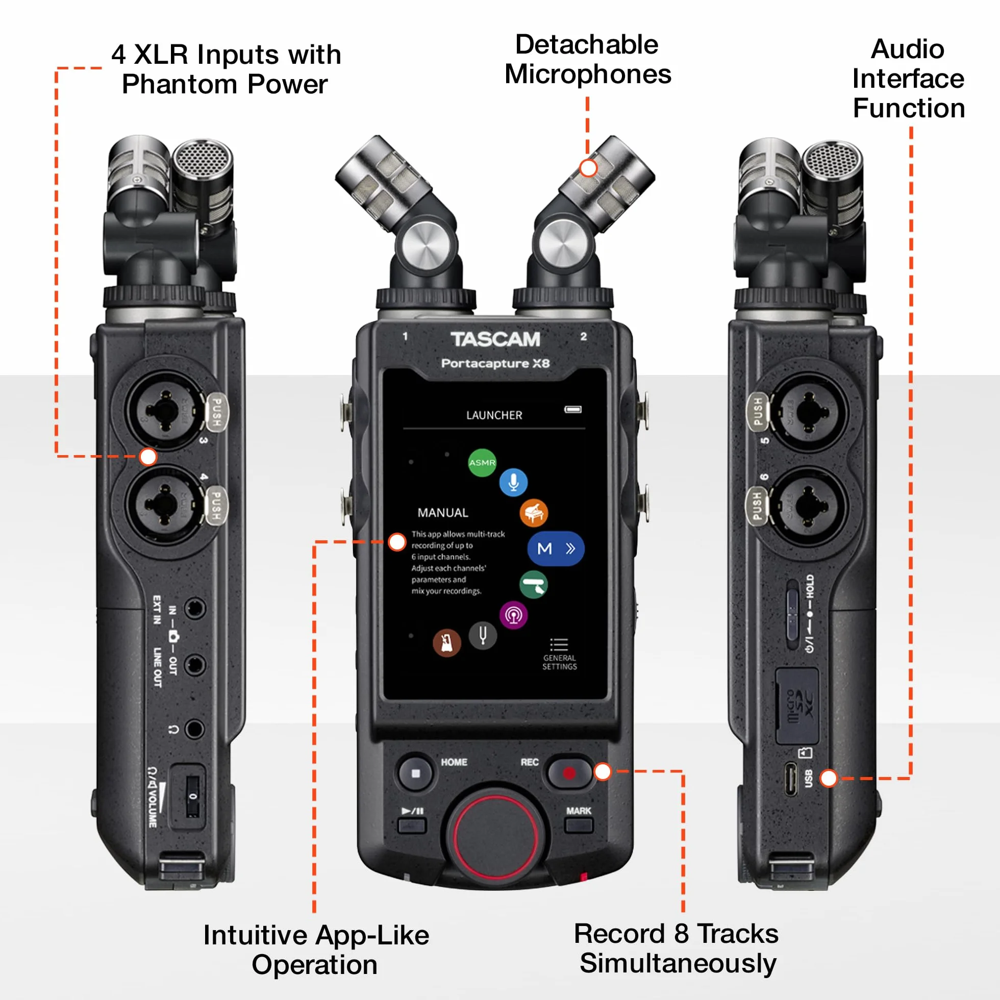 Tascam Portacapture X8 - Portabler 6+2-Spur High-Resolution 32-bit/192-kHz Rekorder, USB2.0, schwarz, portabel