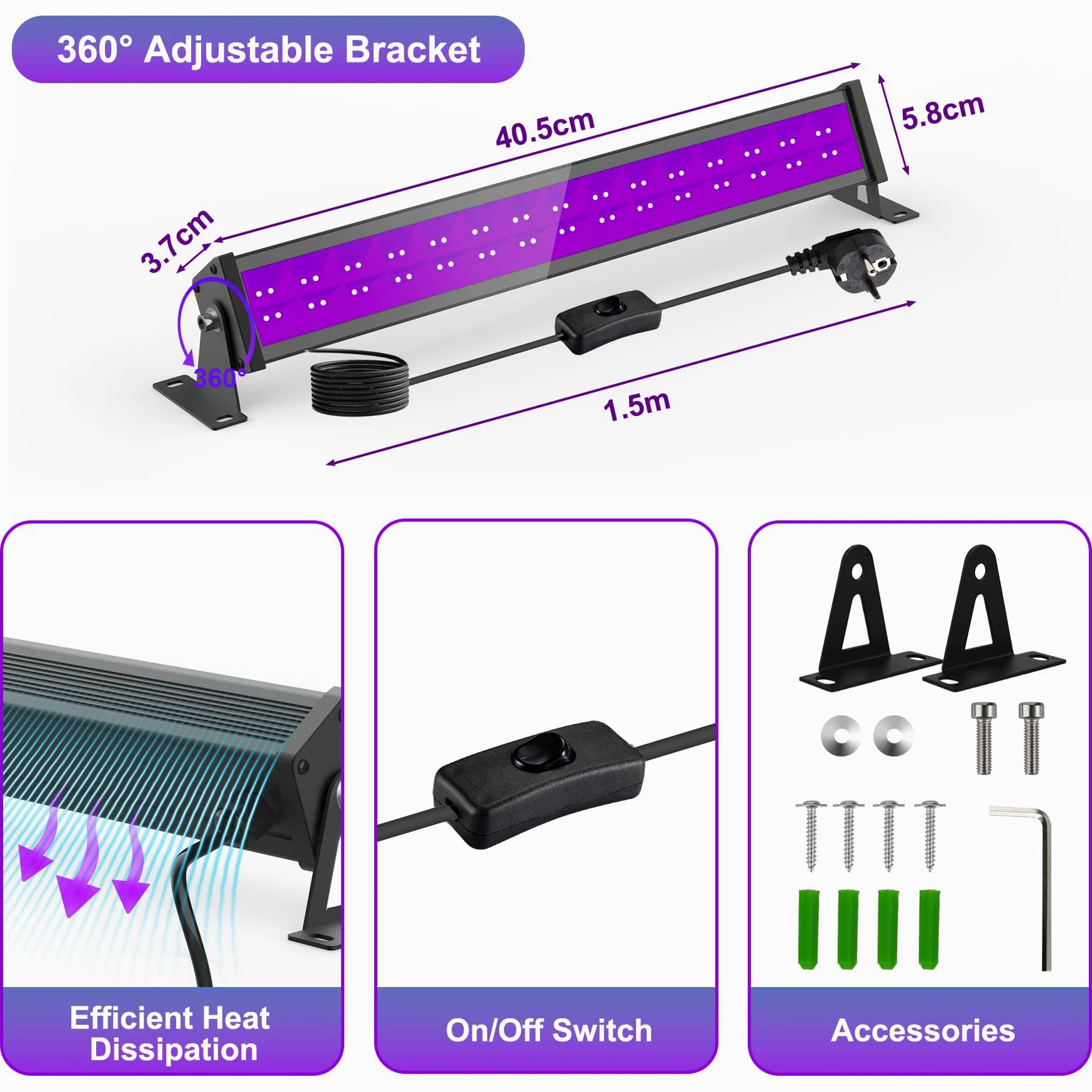 NATPOW 36W UV Bar Schwarzlichtlampe, LED Schwarzlicht mit Stecker, Wasserdicht Schwarzlichtlampe Fluoreszenz Blacklight Partylicht für Halloween Aquarium Bar Neonfarben Disco(1 Pack)