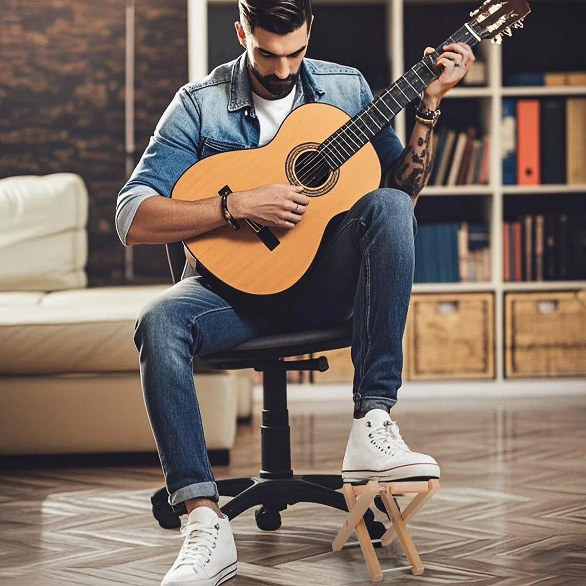 MUSO Gitarren-Fußstützen-Hocker, gefaltetes Holzpedal, 3 Stufen verstellbar, geeignet für klassische Akustikgitarre, ergonomisch und langlebig (Naturholz)