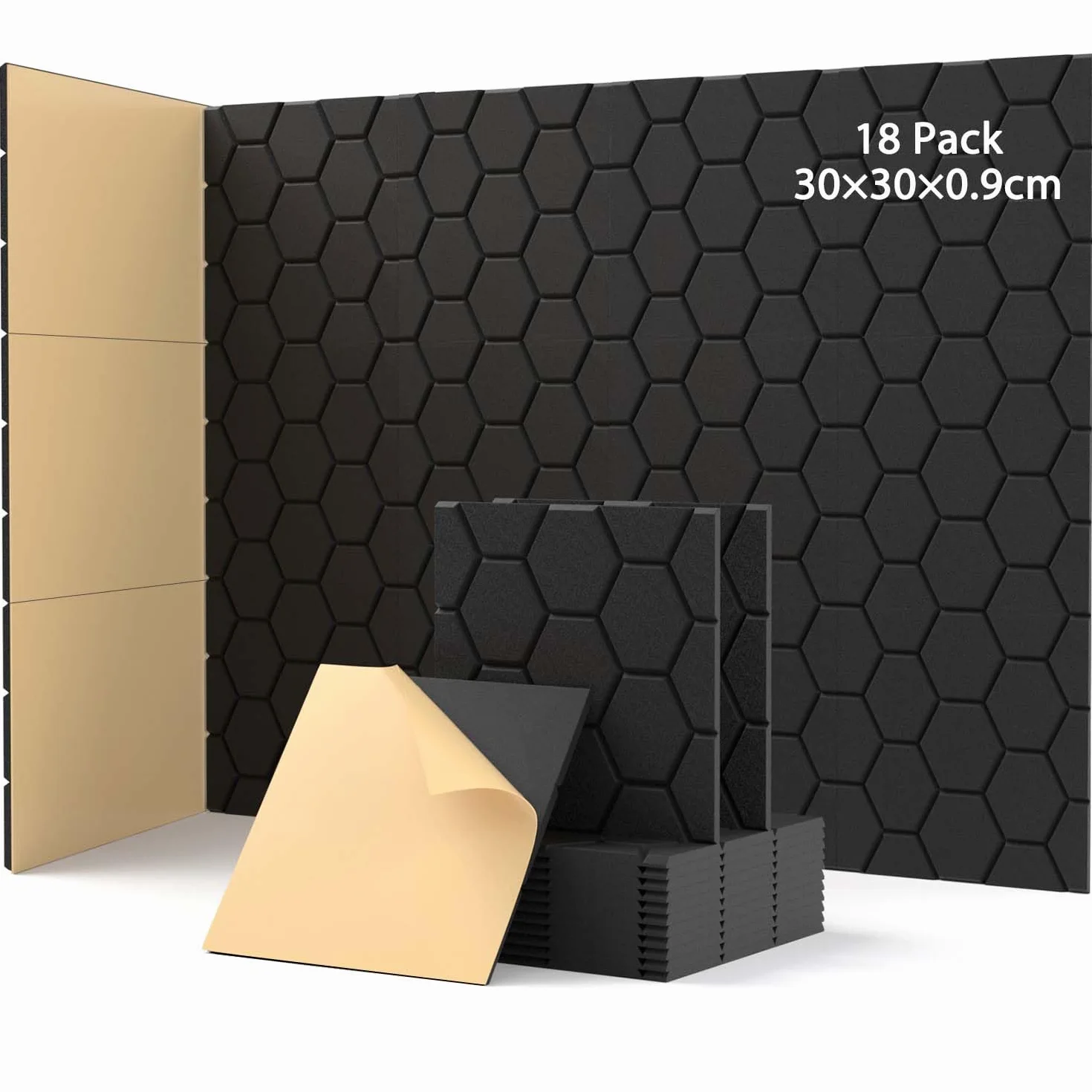 18 Stück Akustikplatten Selbstkleben, Schallabsorber, 30x30x0.9cm, Schalldämmung Wand tür Decken, Akustikpaneele für Gaming Deko, Büros, Studios, Schallschutzplatten (Schwarz)