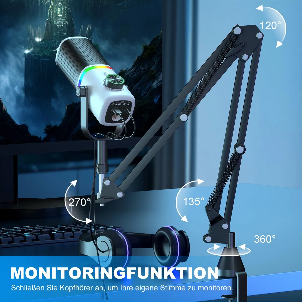 aokeo Mikrofon PC mit Mikrofonarm,AK-10 USB/XLR Dynamisches Gaming Mikrofon für Podcast,Streaming mit RGB-Beleuchtung,Lautstärkeregler,Stummschalttaste und Rauschunterdrückung (Weiß)