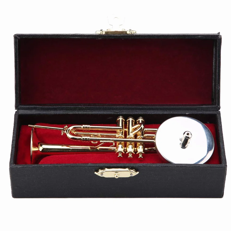 Miniatur-Trompetenreplik, Vergoldetes Messing Miniaturtrompete mit Ständer und Holzbox, Exquisites Instrumentenmodell als Dekoration für den Schreibtisch zu Hause und als Geschenks