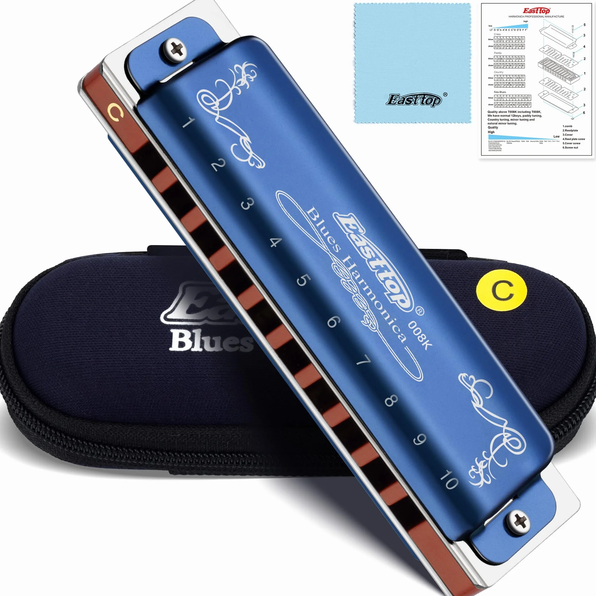 East Top Mundharmonika C 10 Loch 20 Töne mit blauem Gehäuse, Diatonische Blues Mundharmonikas blau Für professionelle Spieler, Anfänger, Studenten, Erwachsene, als Geschenk