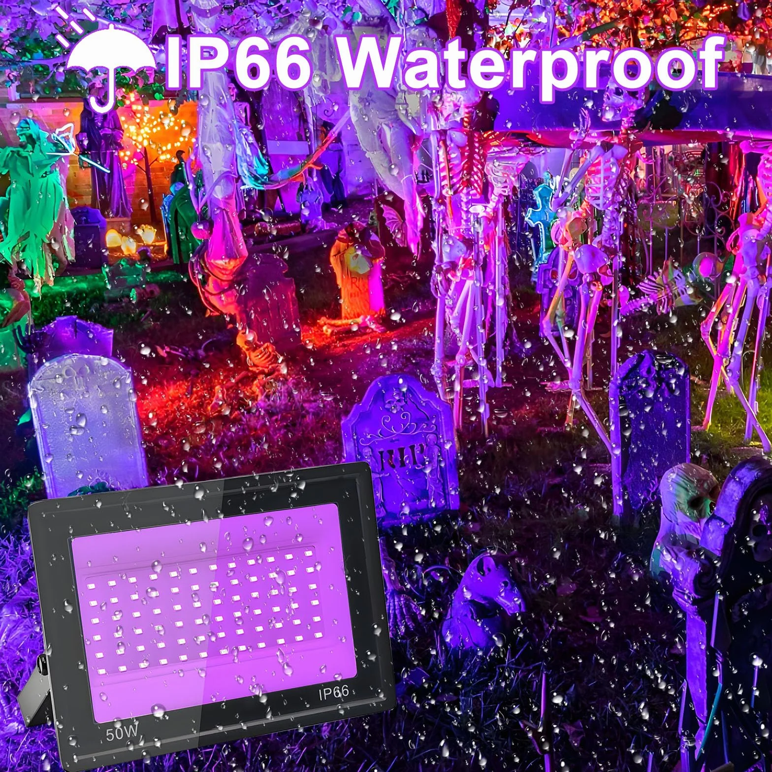 2 Stück 50W LED Schwarzlicht Strahler, IP66 UV Schwarzlicht Fluter, 395-400nm LED UV Strahler, UV Licht mit Schalter für Halloween Dekorationen, Party Deko, Weihnachten, Neon Glühparty, Körperbemalung