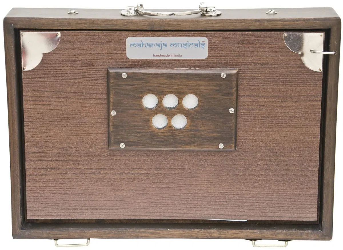 Shruti Box Instrument, Maharaja Musicals, klein, 33 x 9,5 x 7,6 cm, blemished, mit Tasche, Walnussfarbe, 13 Noten, Sur Peti Surpeti, indisches Musikinstrument (PDI-FAH)