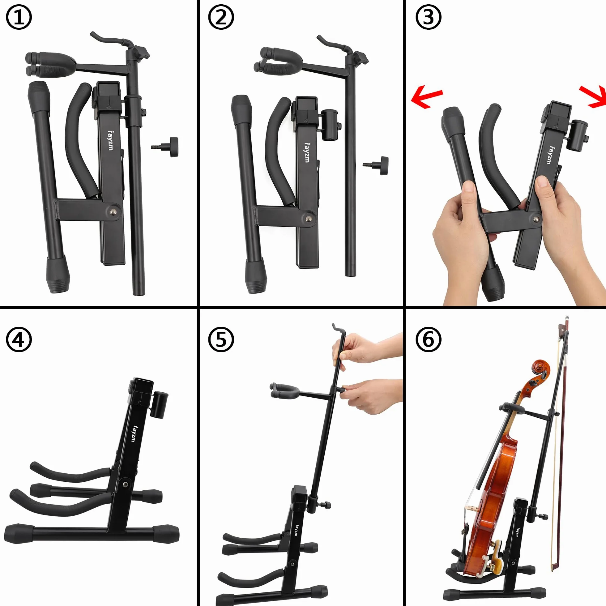 Rayzm Geigenständer mit Bogenbügel, Robuster Klappständer aus Metall für Violine/Mandoline/Ukulele, Einfache Installation