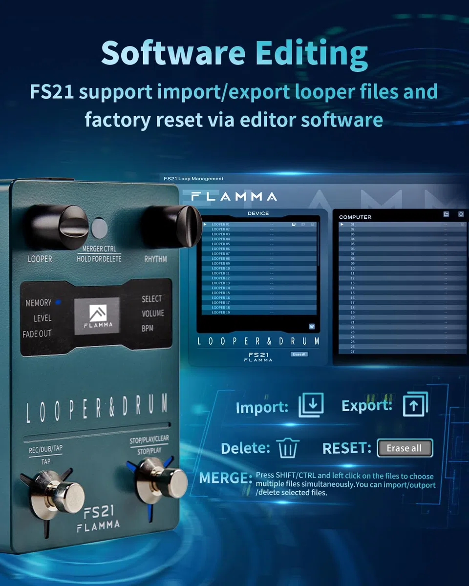 FLAMMA FS21 Stereo Gitarren-Looper-Pedal & Drum-Machine 2-in-1 mit 160 Minuten Loop-Aufnahmekapazität 100 Schlagzeug-Grooves 10 Metronom-Unterstützung Software-Bearbeitung