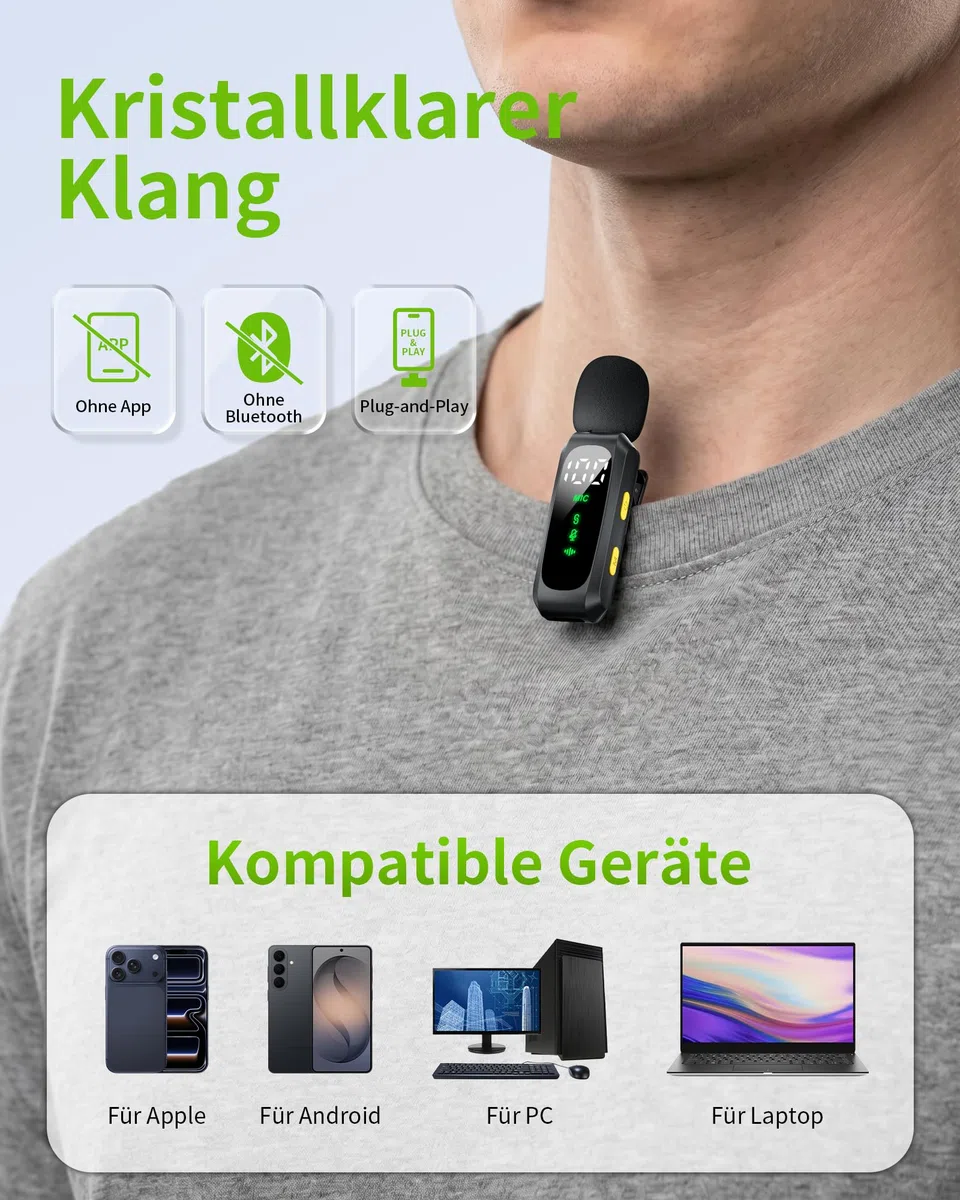 Handy-Mikrofon Mini für iPhone Android und PC - Plug & Play Mini Mikrofon mit Windschutz, Lavalier Mikrofon Wireless mit Batterieanzeige und Geräuschunterdrückung, ideal für YouTube, TikTok, Interview
