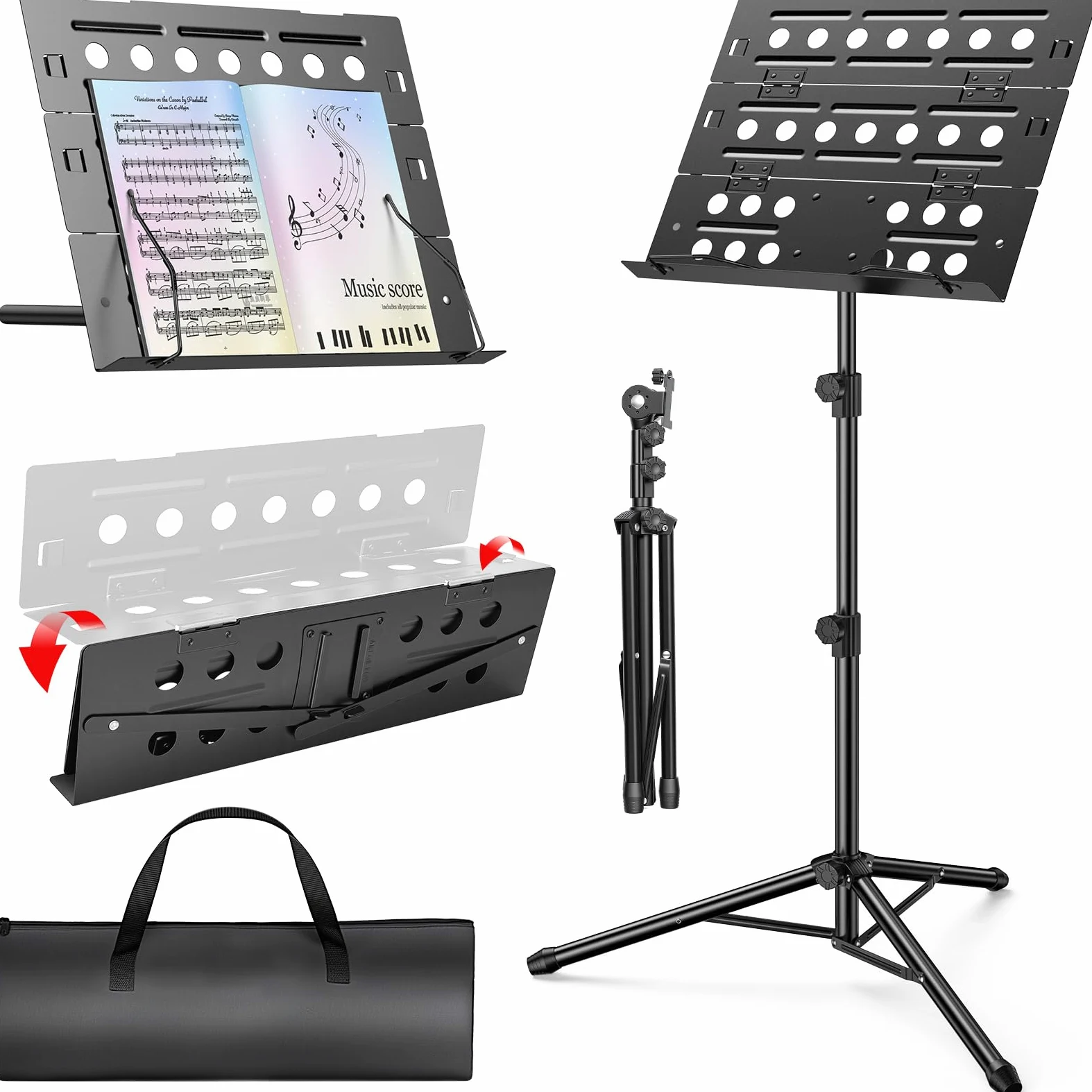 New Bee Notenständer, 2 in 1 Notenständer Klappbar Stabil mit Tragetasche & Höhenverstellbar Music Stand Kinder Erwachsene für Bandauftritte & Übungen zu Hause, Schwarz