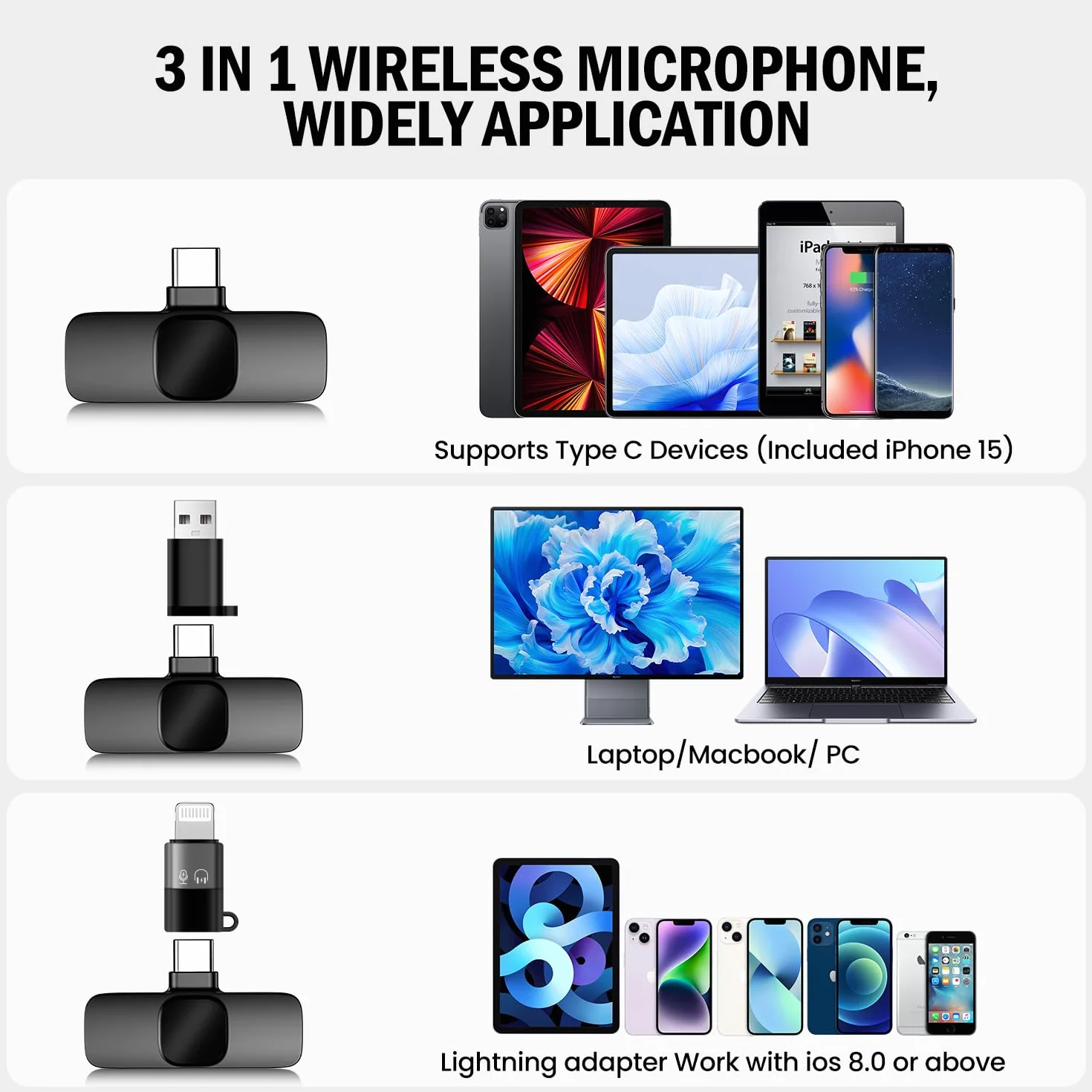 Verbessertes 3-in-1-Kabelloses-Ansteckmikrofon für iPhone/Android/PC – ein Mini-Mikrofon, geeignet für Videoaufnahmen und Podcasts; das Handy-Mic wird mit einem verstellbaren Lavalier-Clip geliefert