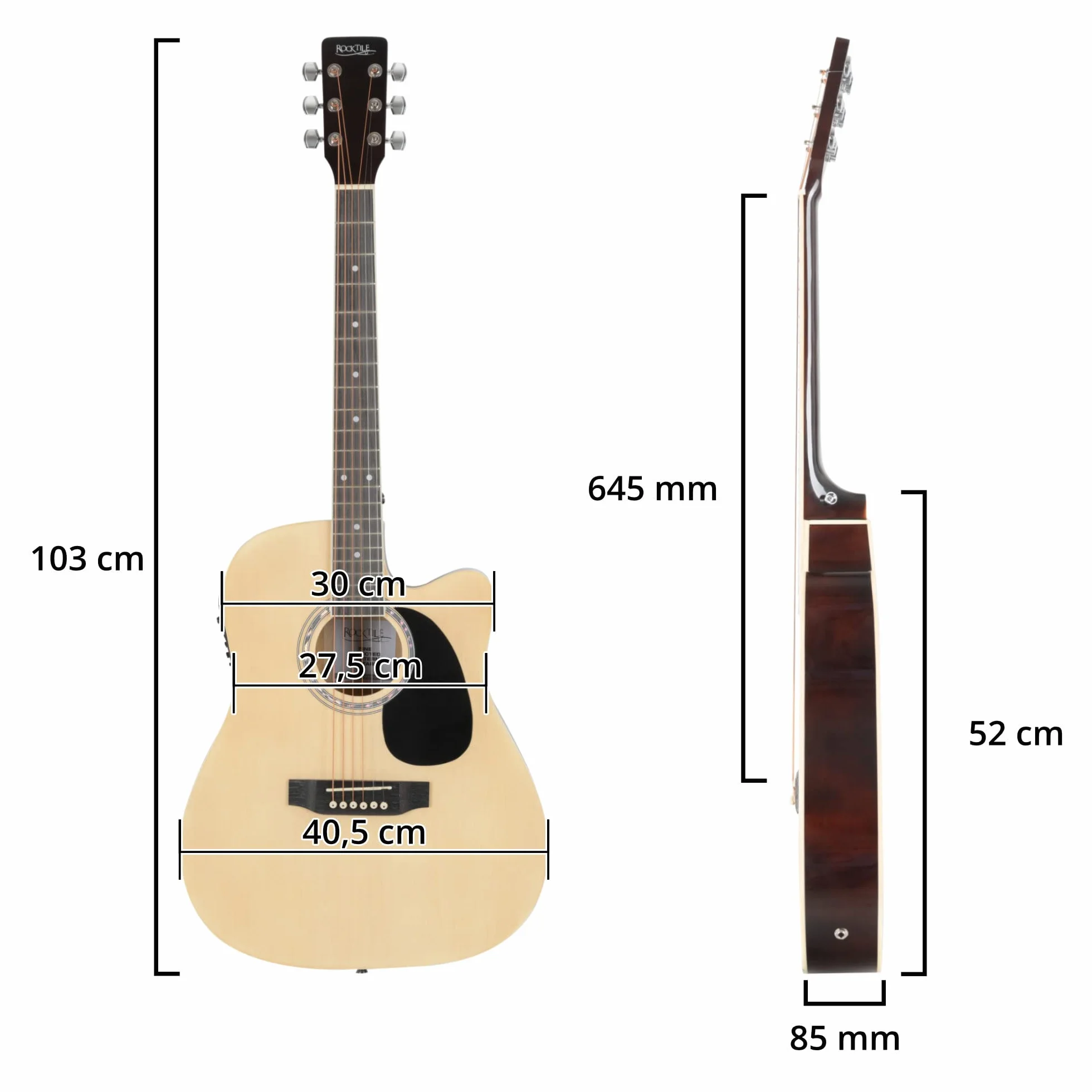 Rocktile WSD-8CE-NT Slim Line Westerngitarren Set - Dreadnought Akustik Gitarre - Westerngitarre mit Tonabnehmer im Set inkl. Tasche, Gurt, Kabel, Ersatzsaiten und Plektren - Natural