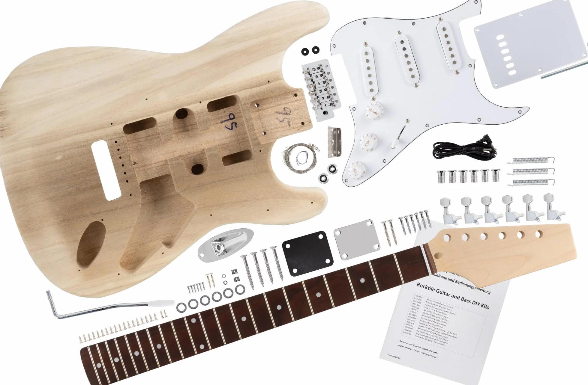 Rocktile E-Gitarren Bausatz ST-Style - DIY Elektrische Gitarre Bausatz inkl. Hardware - Paulownia-Korpus, Ahorn-Hals, Palisander-Griffbrett - 3 Single Coil Pickups - Vintage Tremolo - Natur