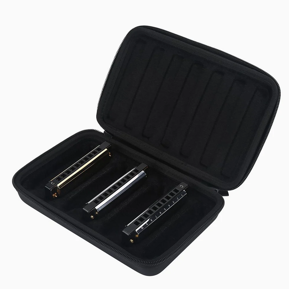 Tbest Mundharmonika Tasche, Schwarz, PU Leder + Stoff, Aufbewahrungskoffer für bis zu 7 Mundharmonikas mit Reißverschluss