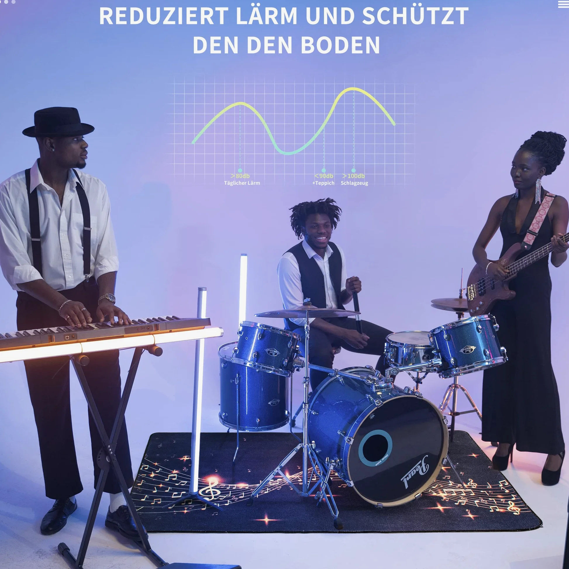 OUUTMEE Schlagzeugteppich Drum Teppich Musiksymbolmuster 152x122cm | Rutschfeste Trommelmatte, schalldämmende Unterlage, elektronisches Schlagzeug-Übungspad