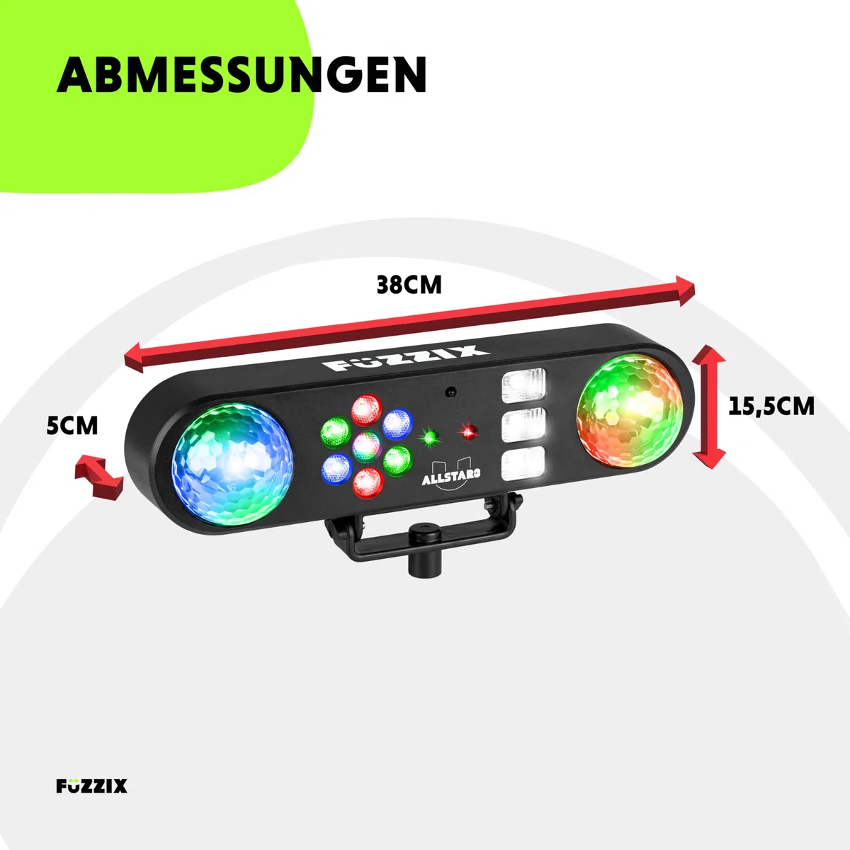 Fuzzix AllStar3 LED Disco Licht, Discolicht mit 2x Disko Kugel, UV Stroboskop, Washer, rot/grünes Patern, musikgesteuerte Partybeleuchtung für DJs mit Stativ & Fernbedienung