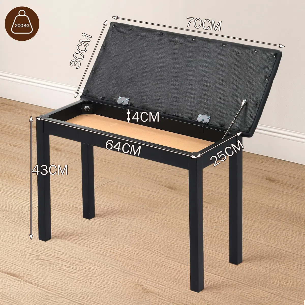 LEADZM Pianobank, Klavierhocker mit PU-Lederkissen und Eisenbeinen, Integrierter Stauraum, Maximale Tragkraft: 200 kg, 70x30x43, Schwarz