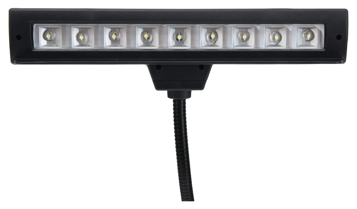 Showlite LED-Notenpultleuchte mit 9-LEDs in Reihe (Batterie-, Netz- oder USB-Betrieb, Klemmlampe, Standleuchte, Schwanenhals Lampe, Leuchtdioden) schwarz