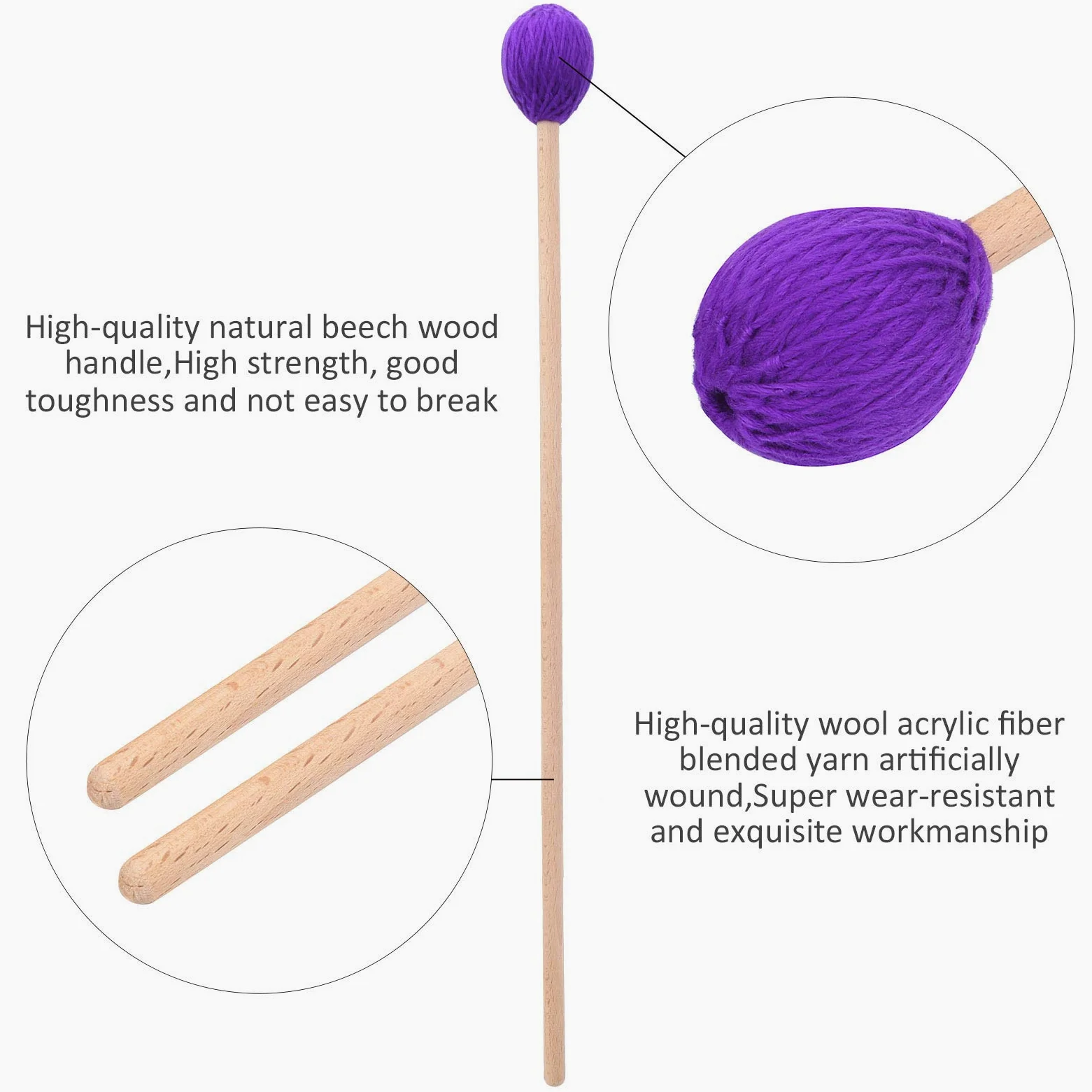 Dilwe 1 Paar runder Kopf Marimba Stick Mallets Buche Xylophon Griff Percussion Sticks Instrumente Zubeh?r(Lila) Percussion Instrument Parts