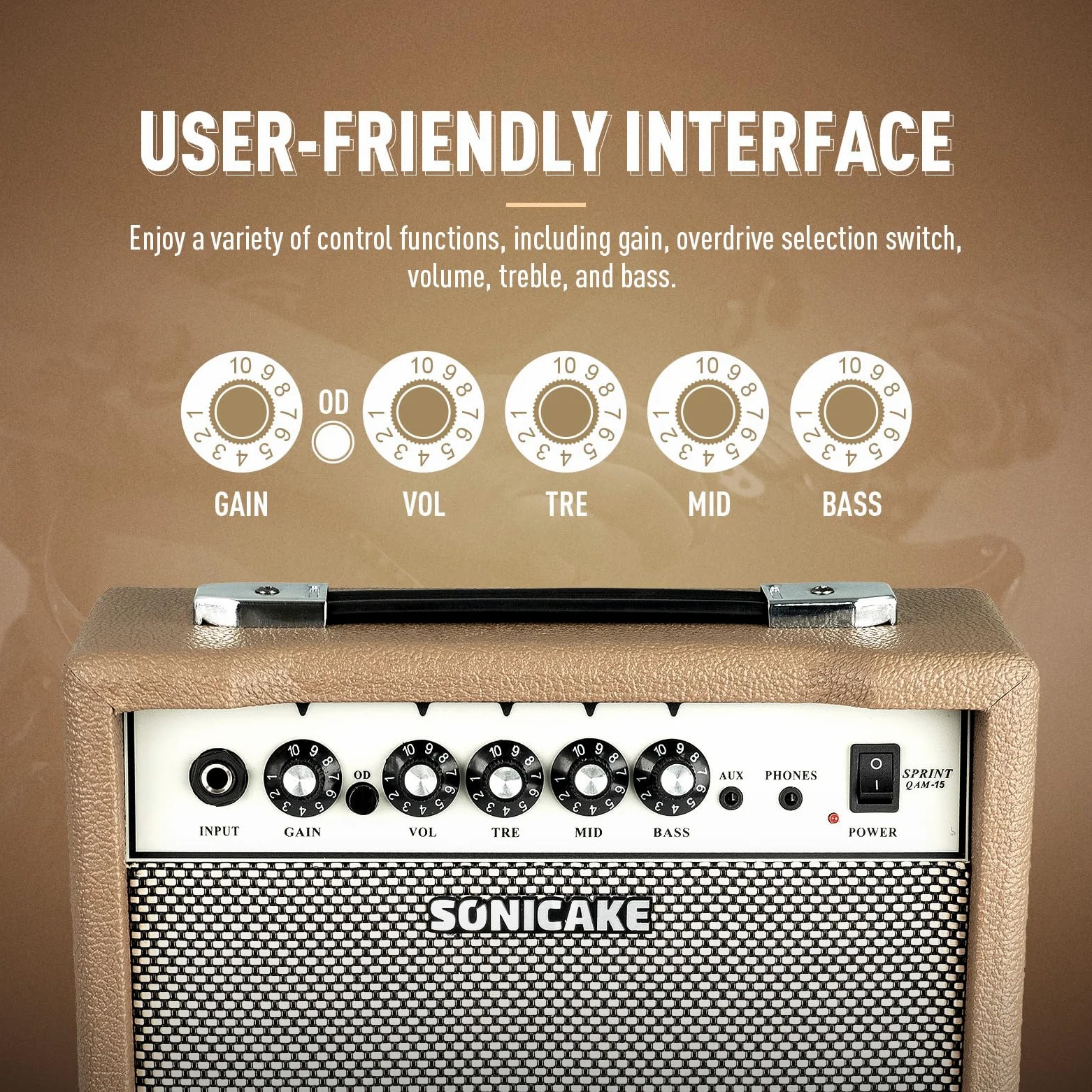 SONICAKE 15W Elektrischer Gitarrenverstärker Dual-Kanal mit Kopfhörerausgang 3-Band EQ AUX-Eingang Kompaktes Tragbares Design für Übung Sprint