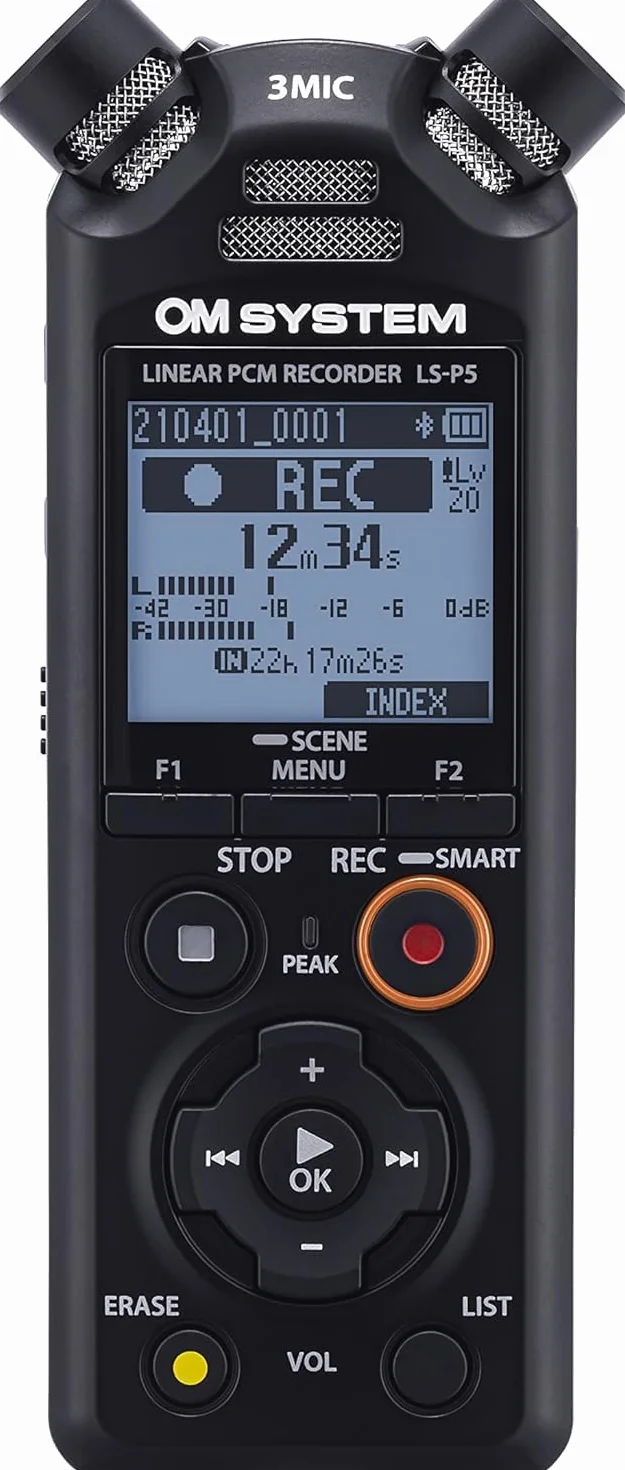 OM SYSTEM LS-P5 Hi-Res Audiorekorder mit TRESMIC II 3-Mikrofonsystem, breite Richtungssteuerung, integriertes Bluetooth für Kopfhörerüberwachung und Smartphone-Steuerung, 16 GB Speicher, 37h Laufzeit