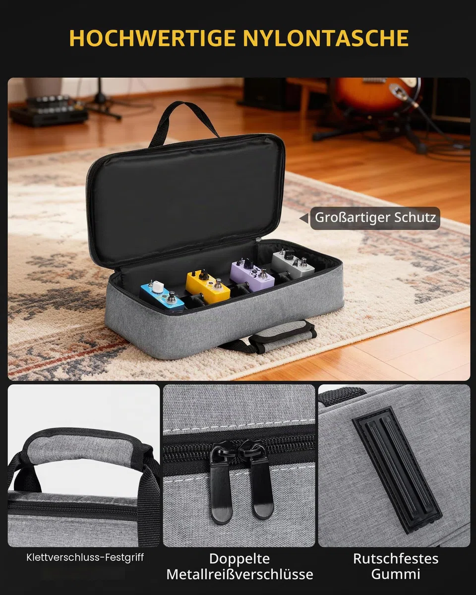 LEKATO Gitarren-Pedalboard mit integriertem Netzteil, 39,4 x 13 x 4 cm Kompaktes Effektpedalboard, Leichter Aluminiumrahmen, für Gitarristen und Bassisten (PB-01S)