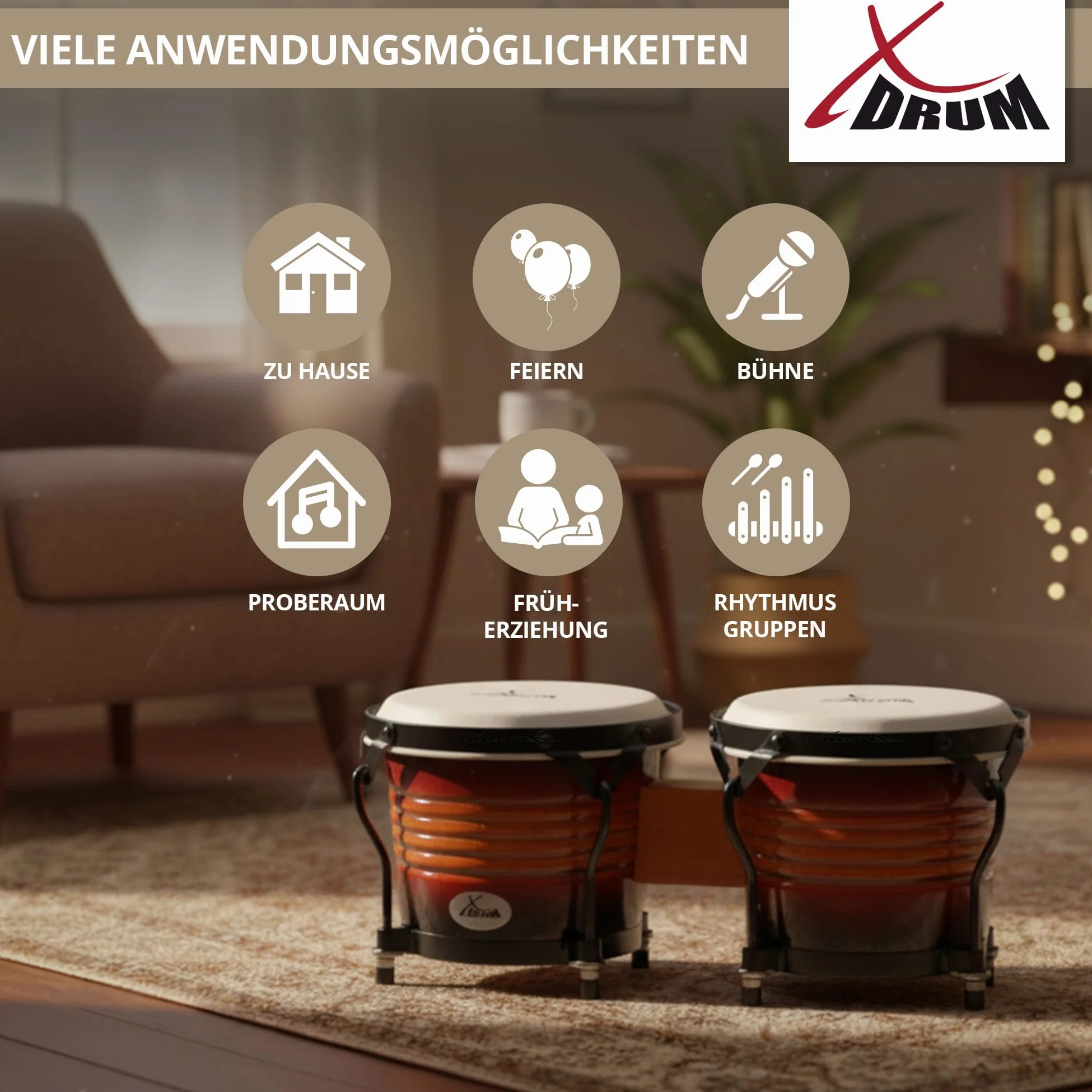 XDrum Bongos Pro Vintage Sunburst - 2 Trommeln mit 6,5" (17 cm) und 7,5" (20 cm) Durchmesser - Bongotrommeln mit stimmbaren Naturfellen, Stimmschlüssel und Tasche - Holztrommeln Rotbraun