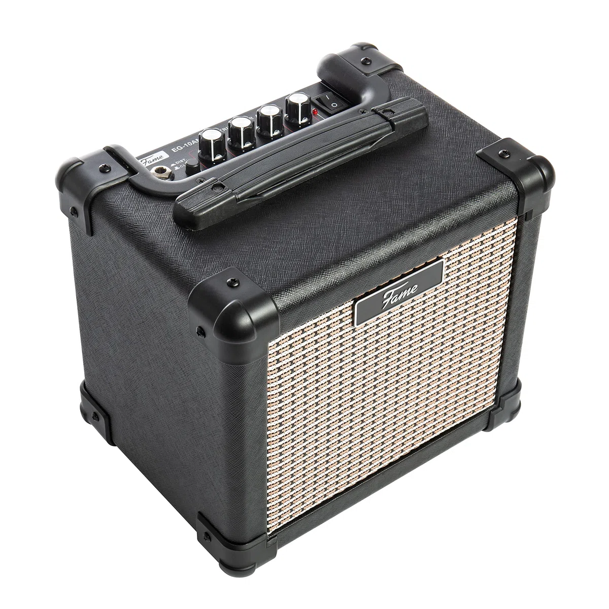 Fame EG-10AM, 10W Combo Verstärker für E-Gitarre, Kompakt, 2-Band Klangregelung, Schaltbare Verzerrung, Ideal zum Üben, Batteriebetrieb möglich