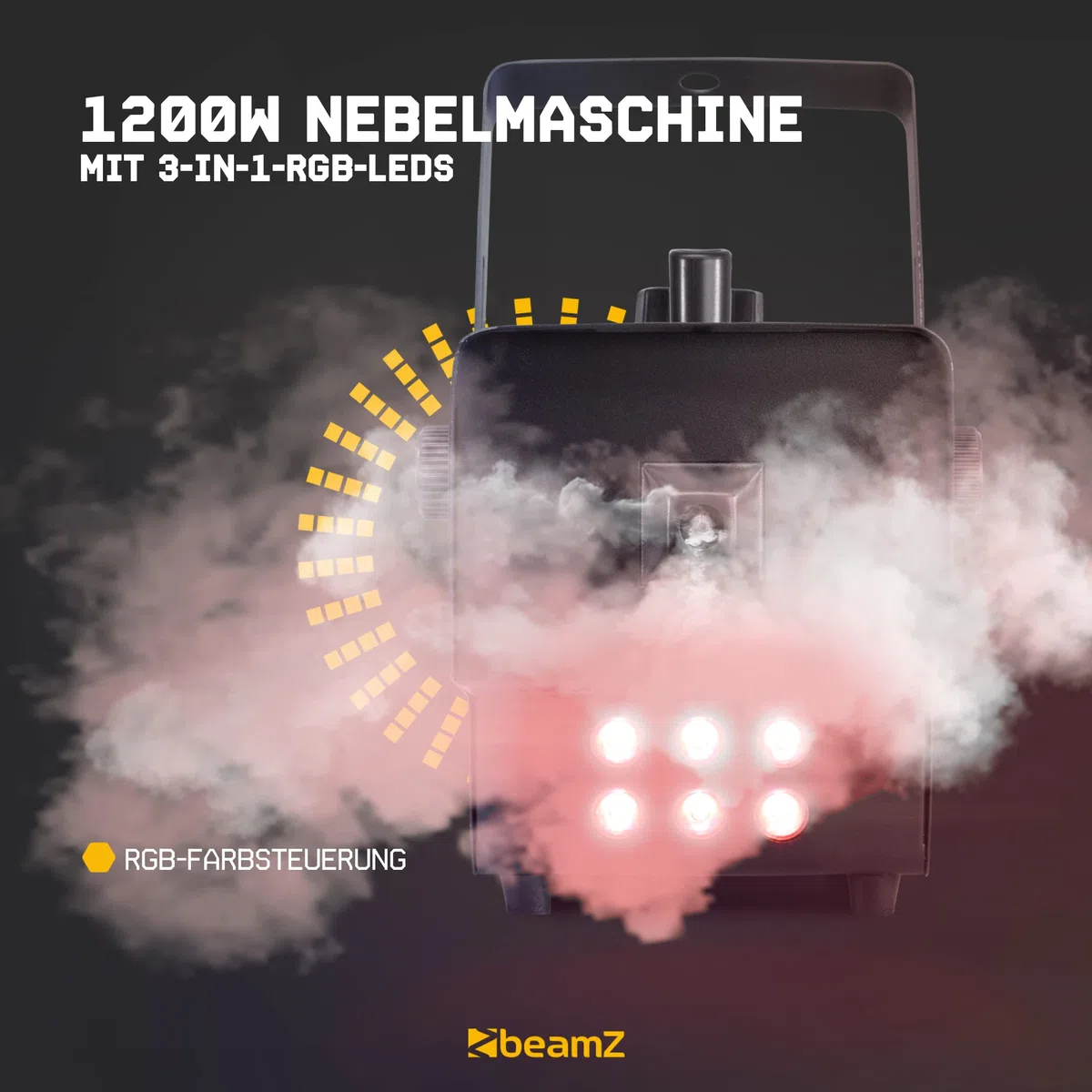 BeamZ RAGE1000LED Nebelmaschine mit Flüssigkeit, 1000 Watt Fogger inkl. 5L Nebelfluid, DMX Rauchmaschine mit Lichteffekt, Intervall Fog Machine, Funkfernbedienung, 2 Liter Tank, Timer, Partyrauch