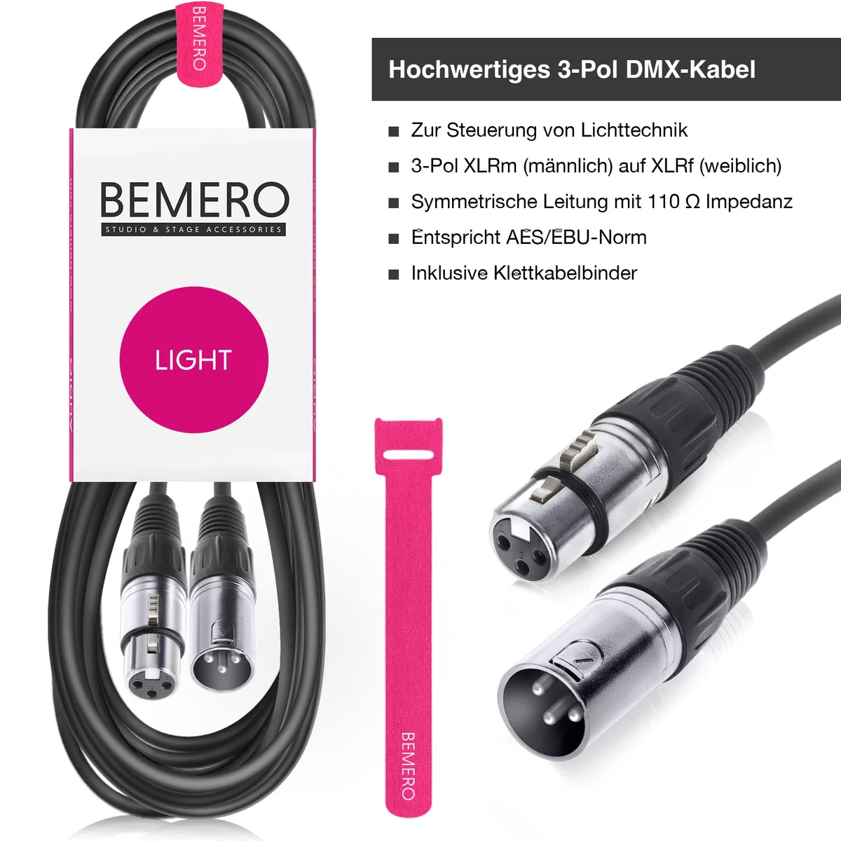 BEMERO DMX Kabel 12m inkl. Klettkabelbinder, 3-Pin XLRf auf XLRm, 110 Ohm, schwarz