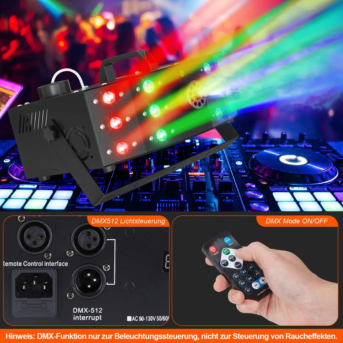 Hakuta Nebelmaschine, DMX Lichtstrahlen Rauchmaschine mit 12 LED bunten Lichtsteuerung & manuelle Steuerung & Fernbedienung Perfekt für Indoor Outdoor Hochzeit, Halloween, Party und Bühneneffekt