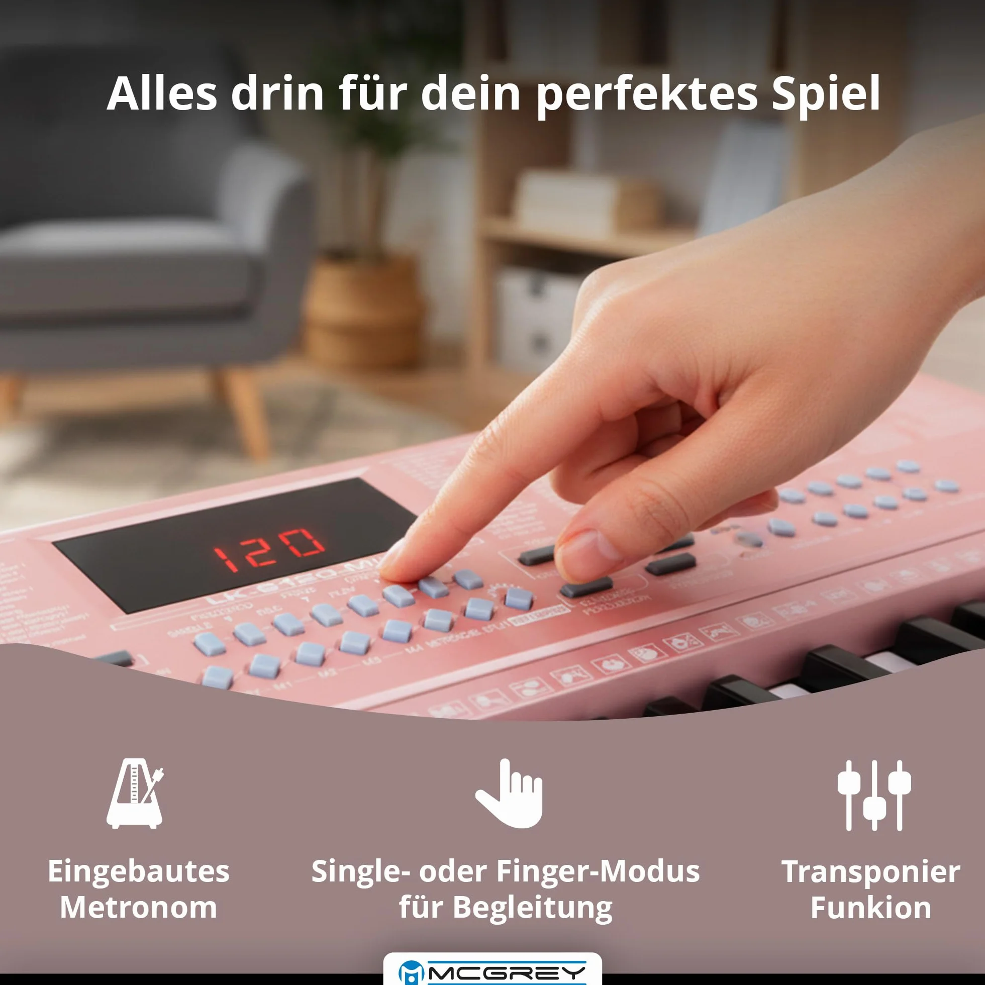 McGrey LK-6120-MIC Keyboard - Einsteiger-Keyboard mit 61 Leuchttasten - 255 Sounds und 255 Rhythmen - 50 Demo Songs - Inklusive Mikrofon - Pink