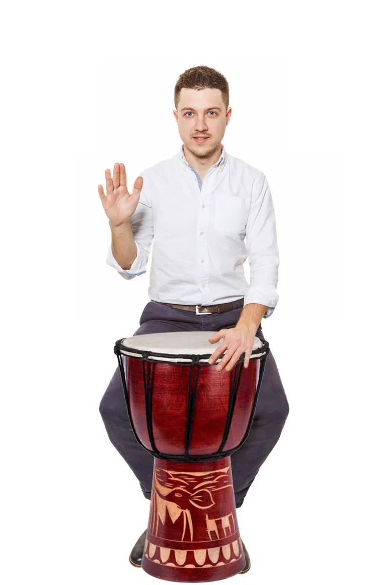 Djembe Trommel 60 cm – Handgefertigte Holztrommel aus Mahagoniholz mit Naturfell, traditioneller afrikanischer Klang, Motiv Elefant
