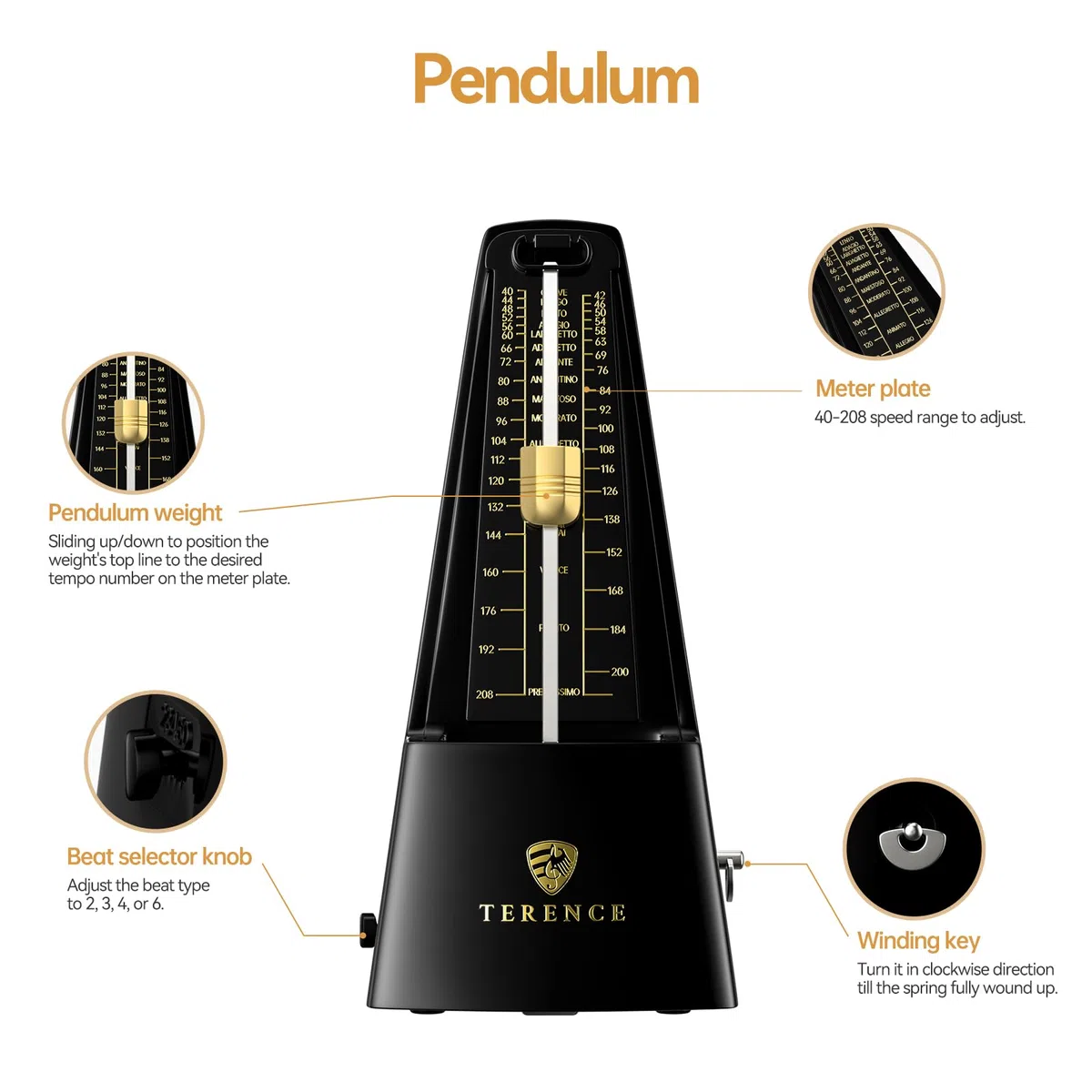 TERENCE Mechanisches Metronom Hochpräzises Metronom Lauter Ton, Geeignet für Klavier Violine Keyboard Bass Gitarre Guzheng Trommel Qinge Geeignet für Erwachsene, Kinder, Anfänger, Profi, Schwarz