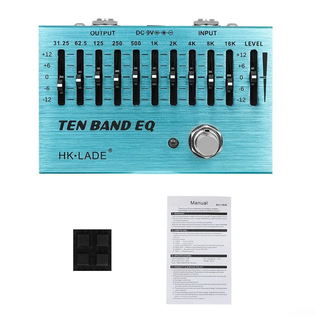 10-Band EQ Equalizer Gitarren-Effektpedal mit True Bypass, Stompbox aus Aluminiumlegierung für E-Gitarre und Bass, präzise Klangformung von 31,25 Hz bis 16 kHz, Blau