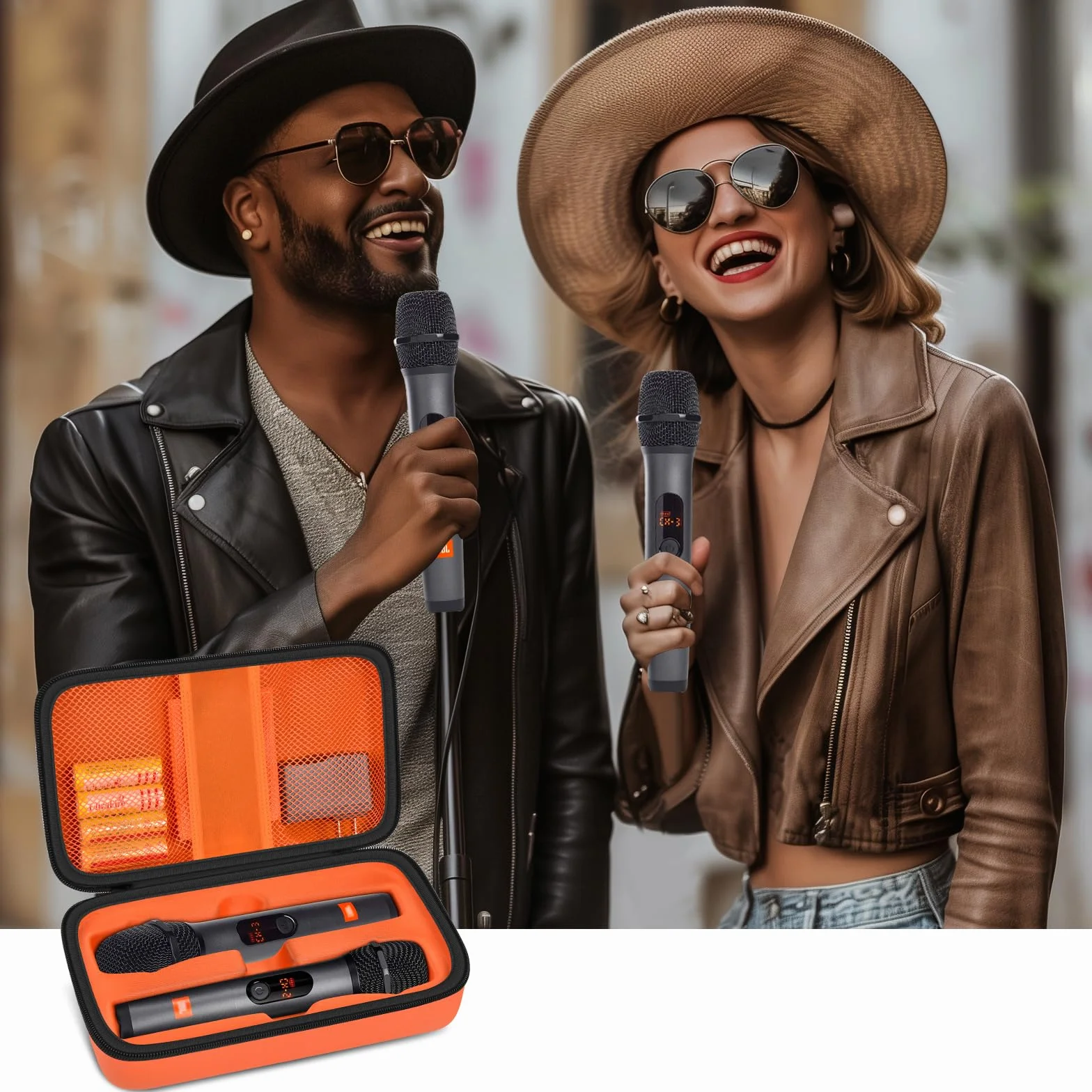 Kabelloses Mikrofongehäuse Kompatibel mit JBL Wireless Two Mikrofon System, Handheld Dual Mic Reisetasche zum Singen oder Karaoke für Empfänger, Adapter, AA Batterien-Schwarz (Nur Box) (orange)