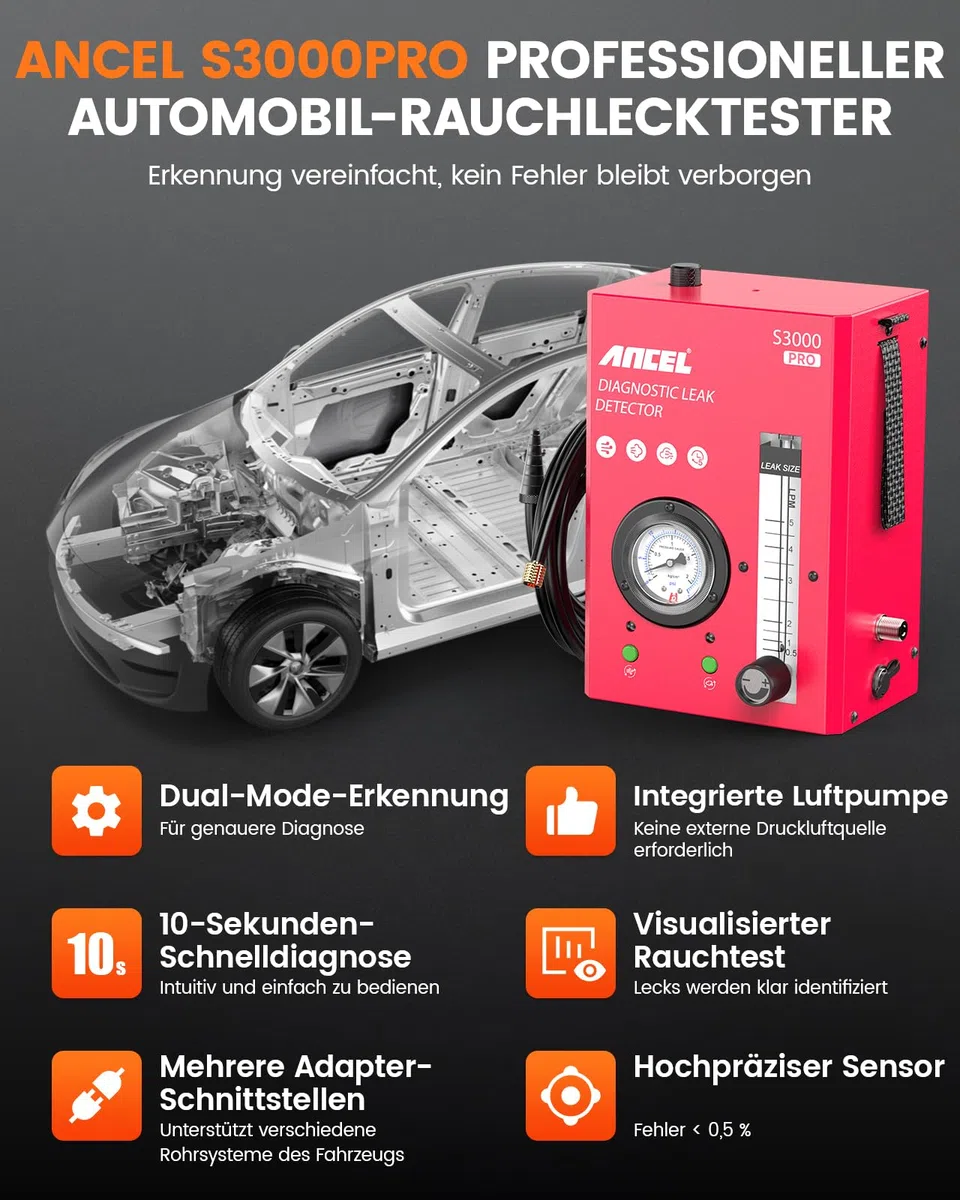 ANCEL S3000PRO KFZ Nebelmaschine mit eingebauter Luftpumpe und Manometer, Auto Rauchmaschine Lecksuchgerät mit Zwei Modi, Professionelle Smoke Leak Detector für Full Autos System Lecks Test