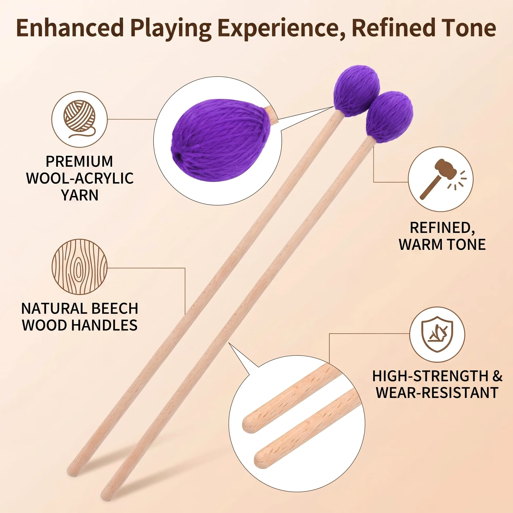 Dilwe 1 Paar runder Kopf Marimba Stick Mallets Buche Xylophon Griff Percussion Sticks Instrumente Zubeh?r(Lila) Percussion Instrument Parts
